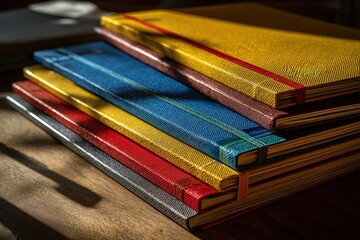 Poster - Colorful notebooks arranged on a wooden desk bathed in warm sunlight during afternoon hours in a cozy workspace