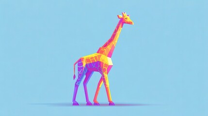 Poster - Colorful polygonal giraffe illustration against a light blue background.
