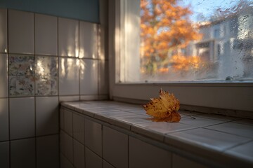 Poster - Autumn leaf resting on a windowsill with a blurred view of colorful foliage outside