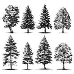 Poster - A set of modern coniferous tree silhouettes depicted in a realistic and isolated manner