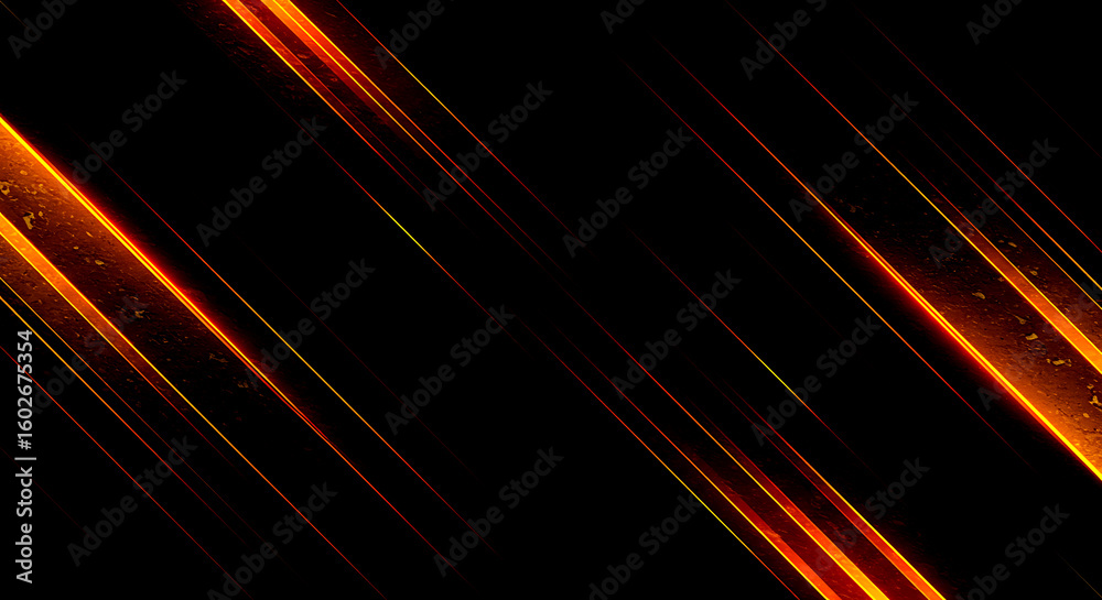 Diagonal glowing orange and yellow light streaks on black background ...