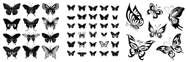 Poster - The collection of butterflies for spring and summer showcases black silhouettes against a white background, with icons of diverse wing shapes suitable for illustrations, ornaments, tattoos, and