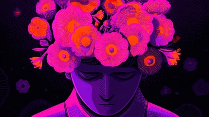 Poster - A person adorned with vibrant flowers, a study in muted hues.