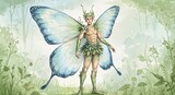 A watercolor illustration of a male fairy with butterfly wings standing in a forest.