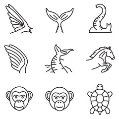 Leinwandbilder - Black and white outline animal icon set including bird monkey turtle horse and whale designs