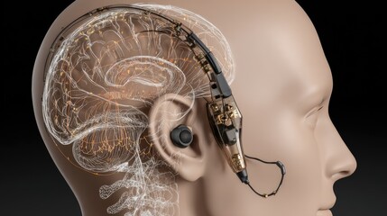 Poster - AI-enabled thought control earphones placed beside transparent control hub with neural metrics