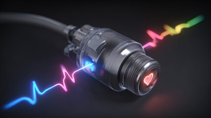 Poster - Digital rendering of heartbeat sensor bulb emitting colorful waveforms of biometric data