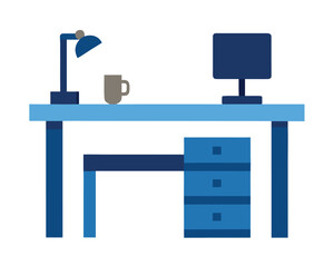 Poster - Illustration of a blue desk with computer, lamp, and mug Ai Generated