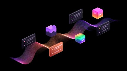 Poster - Virtual digital assistant interface with floating icons and speech wave graphics