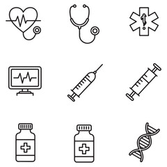 Leinwandbilder - Healthcare and medical icons set featuring stethoscope syringe heart monitor and pharmaceutical bottles