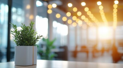Poster - Potted plant adds a touch of nature sunlit a blurred, creating office environment, to a calming and productive workspace
