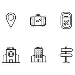 Poster - Set of travel icons illustrating hotel airport and navigation with minimalist black outlines