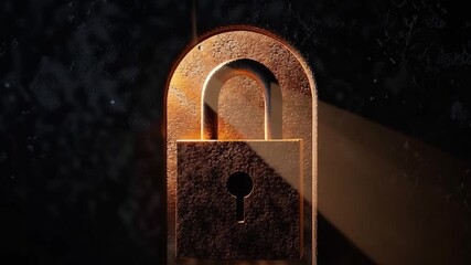 Poster - Illuminated Rusty Padlock Mysterious Symbol of Security and Protection, Casting Shadows and Light, Highlighting Metal Texture in Dimly Lit Environment.