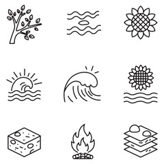 Poster - Simple black and white nature icons depicting tree, sun, waves, sunflower, fire, and more