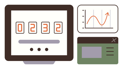Fototapete - Digital screen with number counter, line chart showing data trends, and application window. Ideal for analytics, technology, data tracking, monitoring, business growth, progress reporting simple