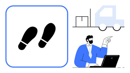 Poster - Footsteps icon with a manager at a laptop pointing at a delivery truck. Ideal for logistics, monitoring, delivery, workflow, productivity, management, coordination. Simple flat metaphor