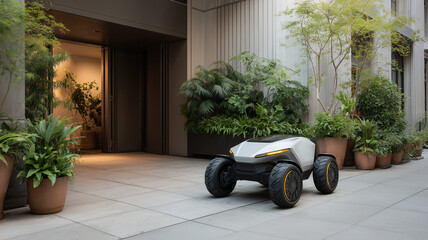 Poster - This futuristic delivery drone operates in a modern urban area surrounded by greenery.