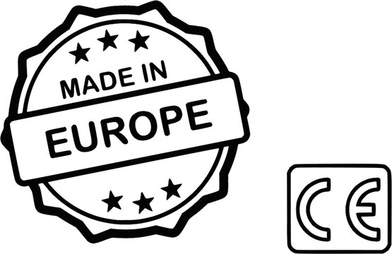 Made in Europe label. Made in Europe product emblem, sign, symbol, badge or seal. European Union quality standards tag, stamp an sticker. CE mark pictogram for product packaging. EU quality icon. EPS