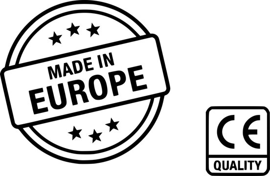 Made in Europe label. Made in Europe product emblem, sign, symbol, badge or seal. European Union quality standards tag, stamp an sticker. CE mark pictogram for product packaging. EU quality icon. EPS