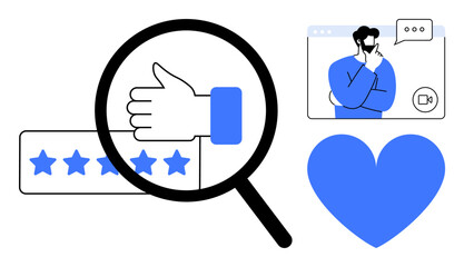 Poster - Hand giving thumbs-up under magnifying glass, five-star rating, heart, and thoughtful man in video chat. Ideal for customer reviews, user experience, feedback analysis, ratings, digital