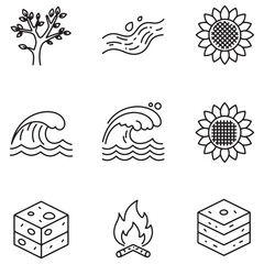 Leinwandbilder - Vector illustrations of natural elements including tree waves sunflowers fire and desserts