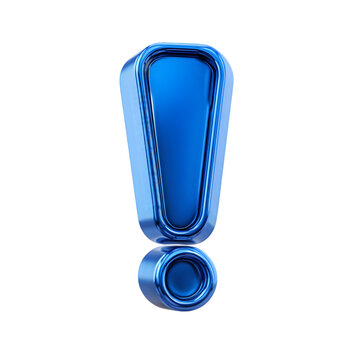 Glossy blue exclamation mark symbol with metallic edges isolated on transparent background