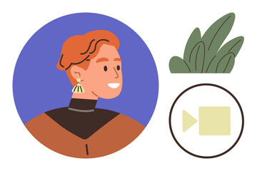 Poster - Person with earrings in profile picture, video call icon, green plant. Ideal for communication, remote work, networking, social media, technology human interaction digital identity. Simple flat