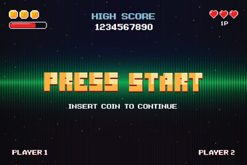 Aufkleber - PRESS START. INSERT A COIN TO CONTINUE. pixel art. 8 bit game. retro game. for game assets. Retro Futurism Sci-Fi Background. glowing neon grid and stars from vintage arcade computer games