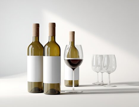 Three wine bottles, blank labels, and a glass of red wine on a white surface. Sunlight highlights the scene
