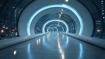 Poster - Illuminated Blue Tunnel With Metallic Surface and Futuristic Architecture Design 29678999 1