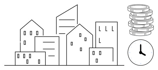 Poster - Cityscape of modern and classic buildings, clock, and coin stack. Ideal for urban planning, real estate, investment, time management, economics housing financial growth. Simple flat metaphor