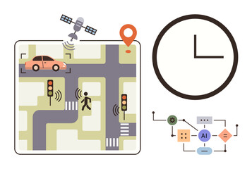Poster - Car, pedestrian, traffic lights, map, satellite, clock, and AI diagram illustrating smart traffic and navigation systems. Ideal for technology, automation transportation urban planning innovation