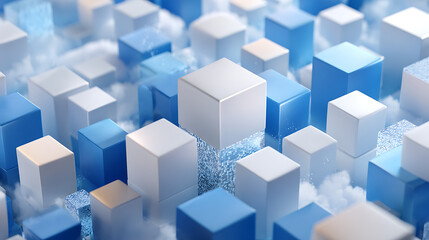 Poster - Abstract Cityscape Composed of Blue Geometric Cubes on White Background 39251167 1