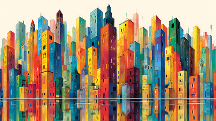 Poster - Abstract Cityscape with Geometric Buildings on a White Background with Vibrant Colors 10512126 1