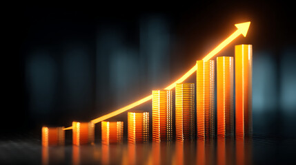 Poster - Gold Arrow Ascending Over Blue Gradient Columns on a Black Background 57801864 1