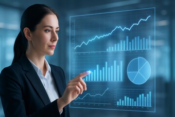 Poster - Woman interacting with digital charts and graphs on a transparent screen