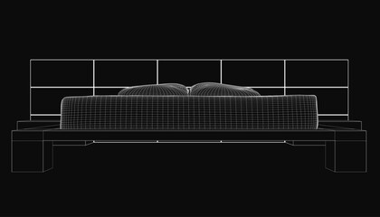 Fototapete - A 3D wireframe model of a bed with plush pillows, rendered against a sleek black background. The geometric structure highlights clean lines and modern design.