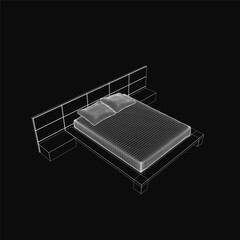 Poster - A 3D wireframe model of a bed features a detailed headboard and plush pillows, rendered against a sleek black background. The geometric lines highlight the bed's structure while maintaining a clean.