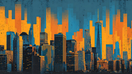 Poster - Modern Cityscape with Financial Charts in Blue and Orange Tones Abstract Design 61766008 1