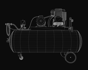 Poster - A 3D wireframe model of an industrial air compressor with a cylindrical tank and sturdy wheels, rendered on a sleek black background. The detailed mesh structure highlights the mechanical design.