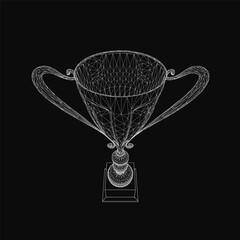 Poster - A wireframe trophy with intricate details and complex shapes stands out against a black background. The white lines create a realistic 3D representation of the cup.