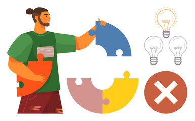 Poster - Man holds colorful puzzle pieces, surrounded by light bulbs symbolizing ideas and an error sign. Ideal for creativity, problem-solving, innovation, teamwork, decision-making, critical thinking
