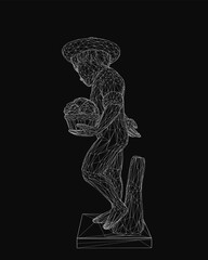 Poster - A black and white wireframe sculpture of a boy holding a cupcake, featuring clean geometric lines and a minimalist aesthetic. The dark background enhances the contrast.