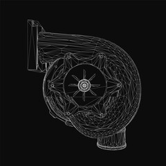 Poster - A 3D wireframe model of a turbocharger turbine with intricate details, displayed on a sleek black background. The realistic rendering highlights the mechanical components and aerodynamic design.