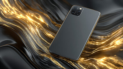 Poster - Sleek Black Smartphone on Dark Surface with Abstract Golden Wave Design Background 83499457 1