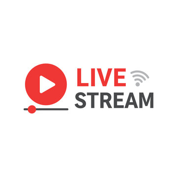 Live stream event text with play button, online broadcasting video graphic