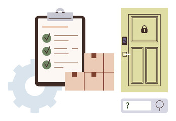 Poster - Clipboard with checklist, gear, boxes, locked door with keypad, and search bar. Ideal for logistics, warehouse, e-commerce, transportation security inventory control simple flat metaphor