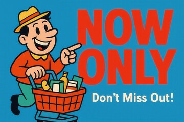 Leinwandbilder - Retro-style illustration of a cheerful man with a shopping cart, pointing towards a bold red 