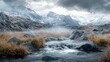 © AzrielFirmanto - Mountain stream flows through a misty alpine landscape.