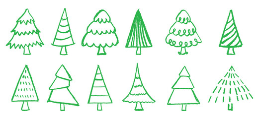 Poster - Christmas tree collection drawn by children. Simple vector doodle collage elements for school or kindergarten use. Green pastel wax squiggle strokes on a blackboard background mimic charcoal doodles.